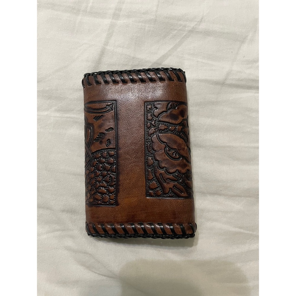 Unbranded Trifold Wallet Mens OS Brown Tooled Leather Floral Eagle Whipstitch